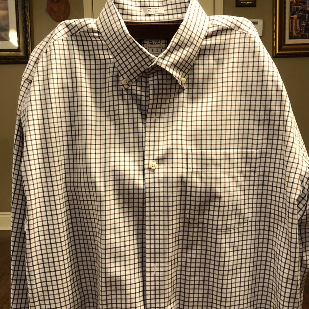 Peter Millar Long Sleeved dress shirt XL brown/black checkered pattern.